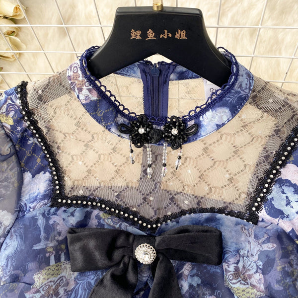 Stand Collar Mesh Patchwork Dress