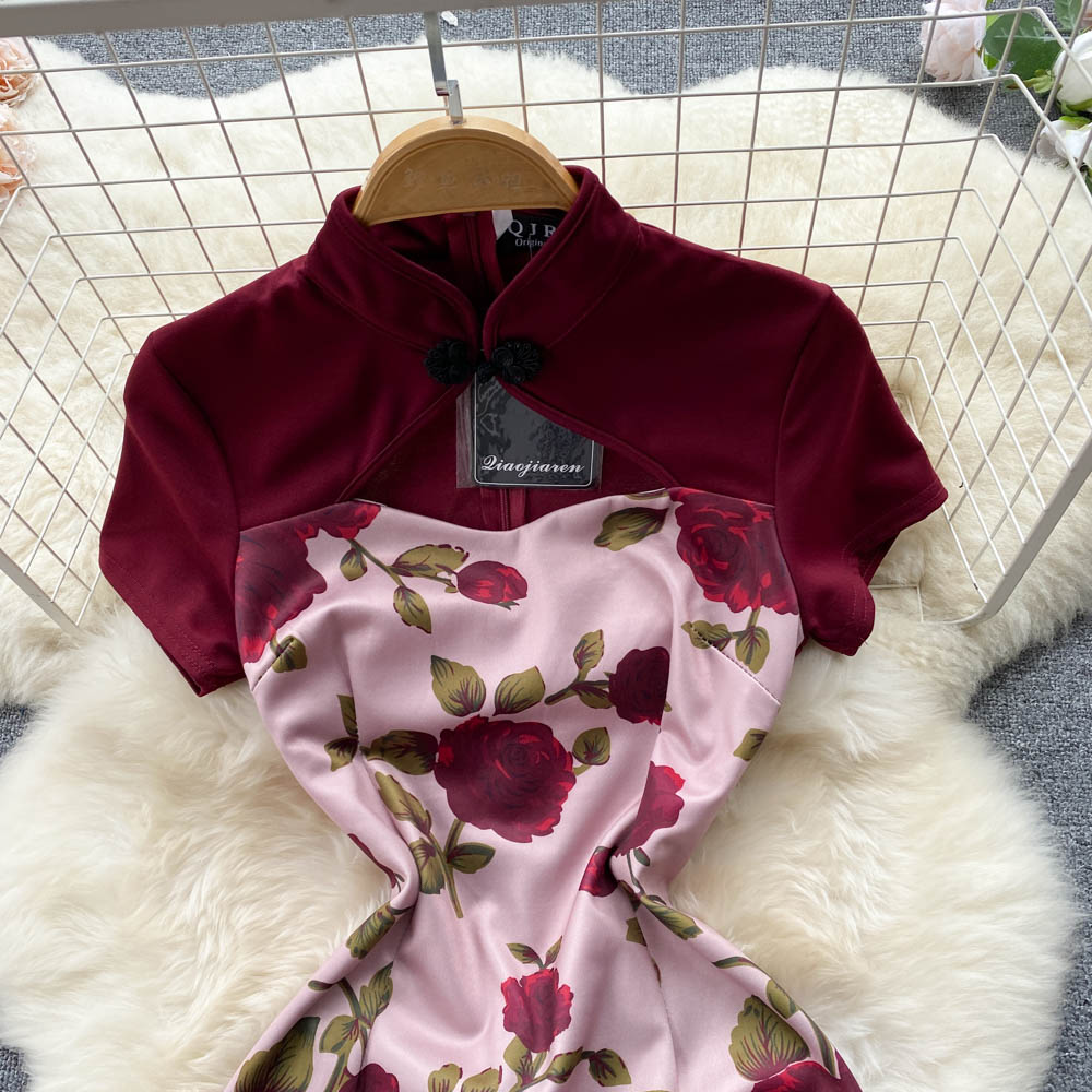 Niche Color Blocking Printed Floral Dress
