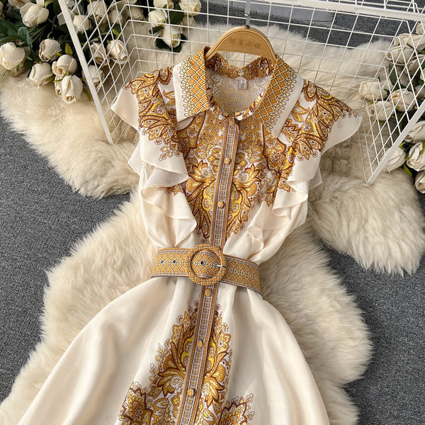 Vintage Ruffled Sleeveless Printed Dress