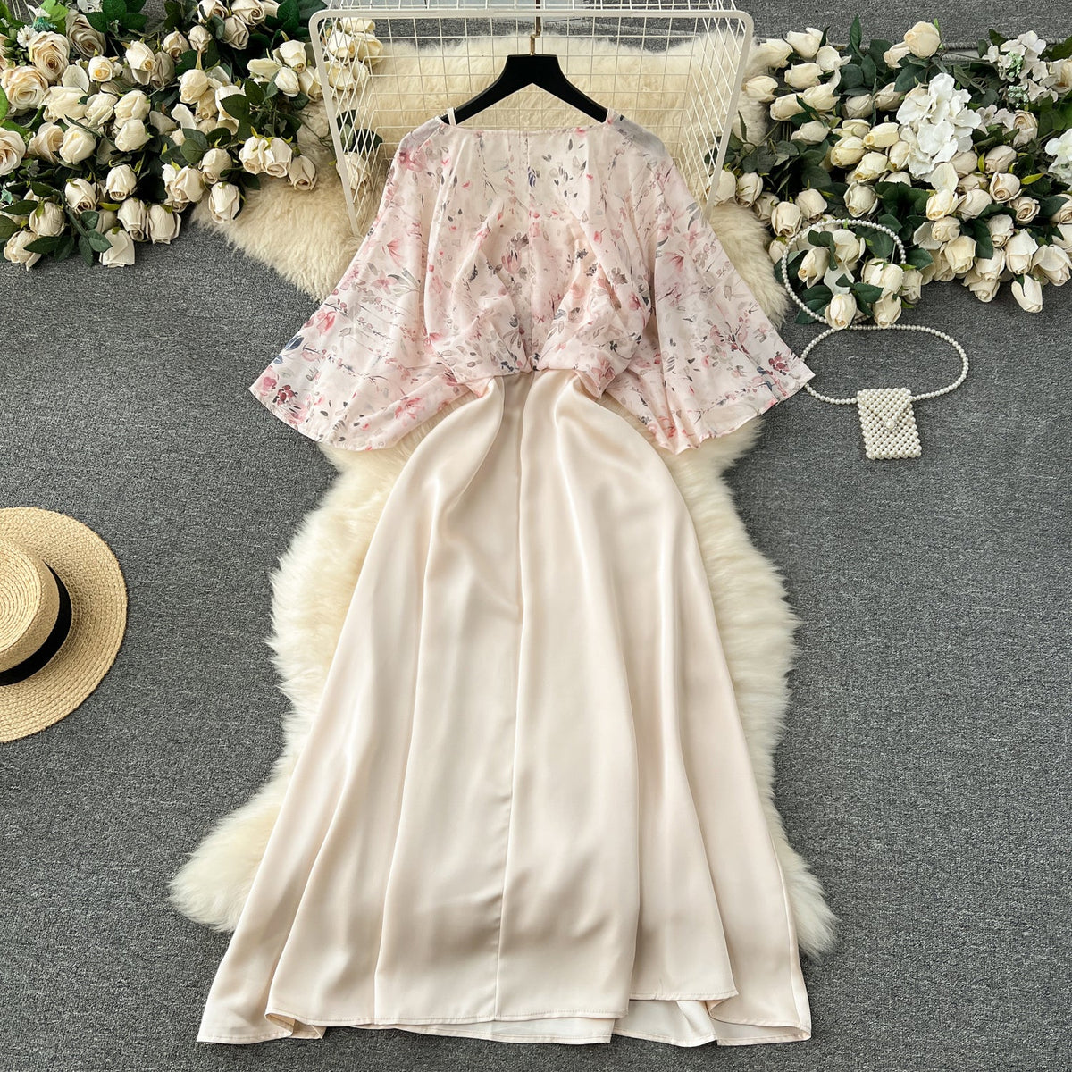 Fairy Pink Floral Faux Two-pieces Dress