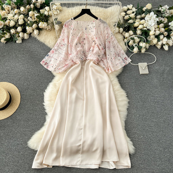 Fairy Pink Floral Faux Two-pieces Dress