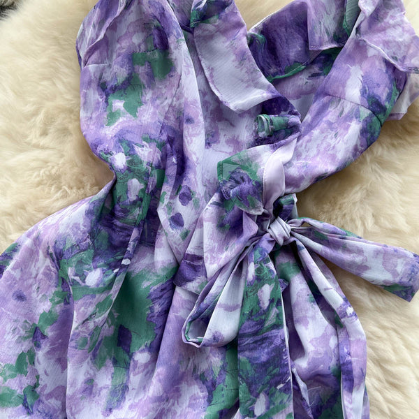 Lace-up Purple Floral Slip Dress