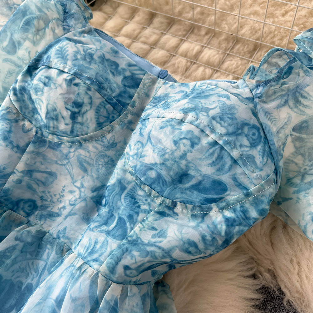 Bubble-sleeve Floral Organza Puffy Dress