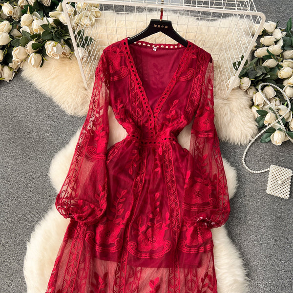 Vintage Embroidered Lace V-neck Dress