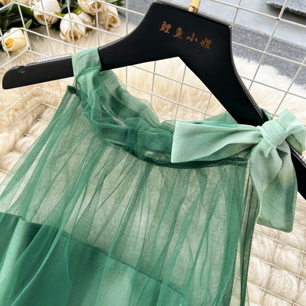 Fairy Green Mesh Loose-fit Halter Dress