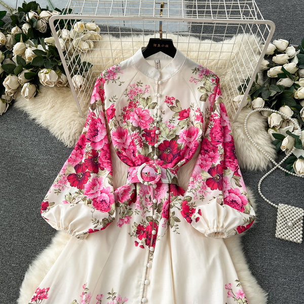 French Style Puffy Sleeve Floral Dress