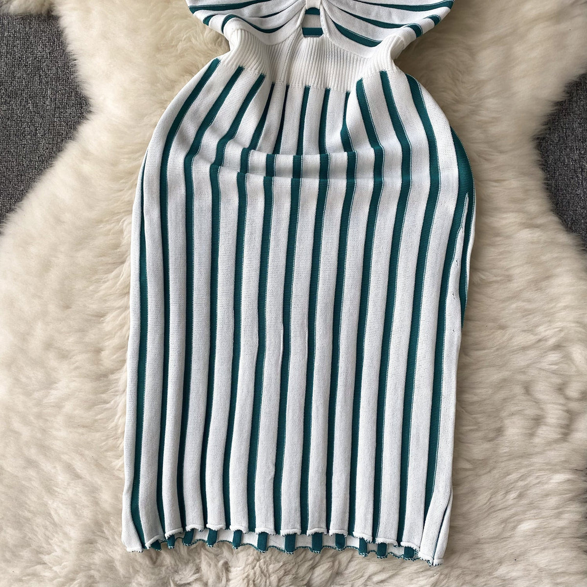 Hollowed Twisted Striped Knitted Slip Dress