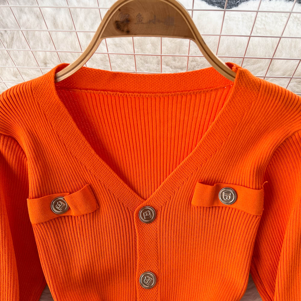 Single Breasted V-neck Knitted Dress
