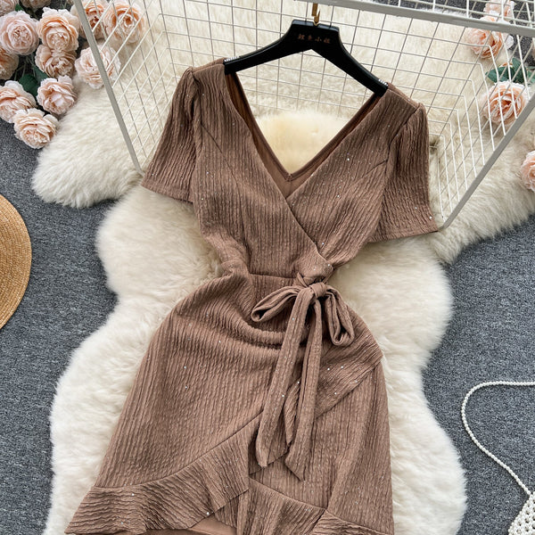 Sweetie V-neck Lace-up Ruffled Dress