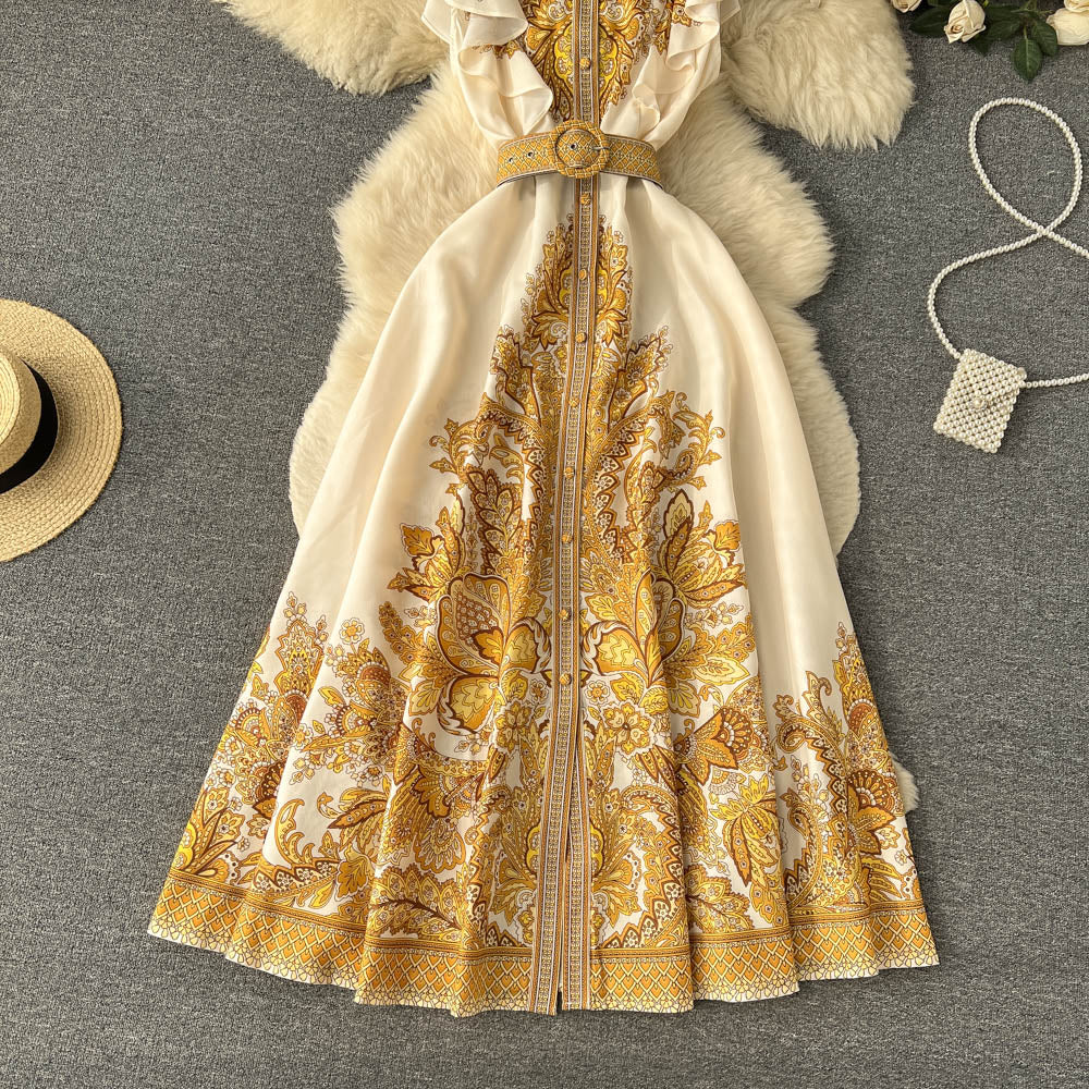 Vintage Ruffled Sleeveless Printed Dress
