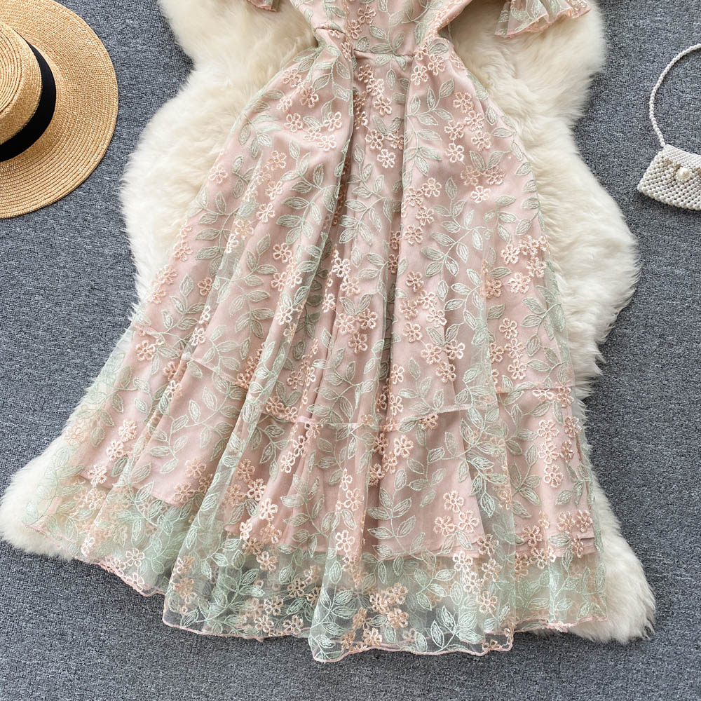 Embroidered Mesh Puff Sleeve Dress