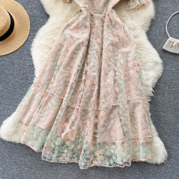Embroidered Mesh Puff Sleeve Dress