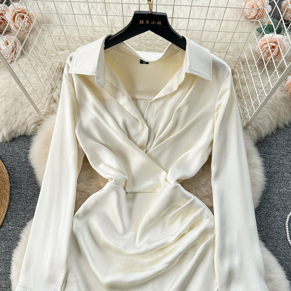 Elegant Lapeled Pleated Shirt Dress
