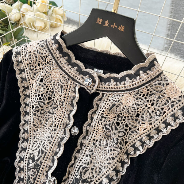 Vintage Embroidered A-line Suede Dress