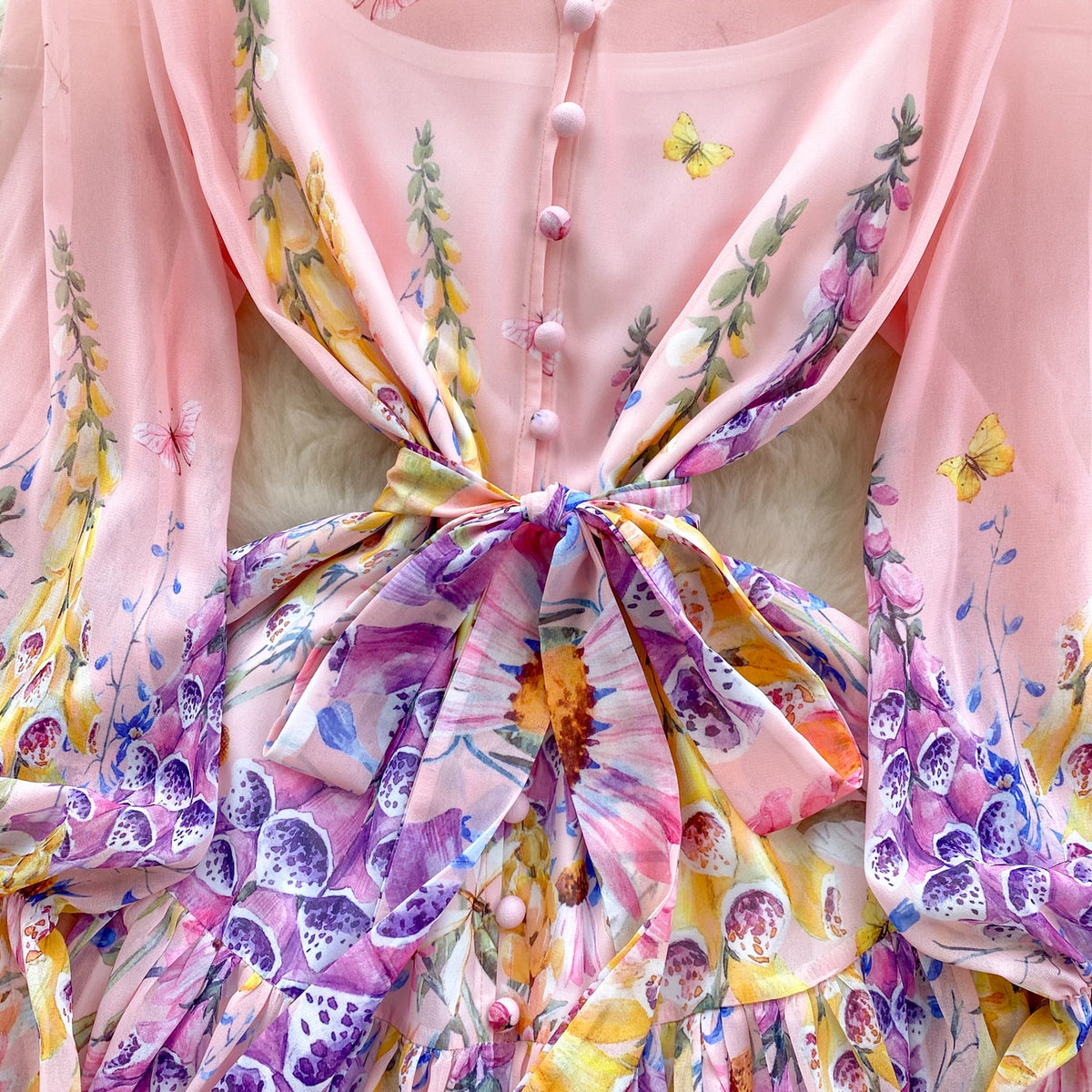 Puffy Sleeve V-neck Floral Chiffon Dress