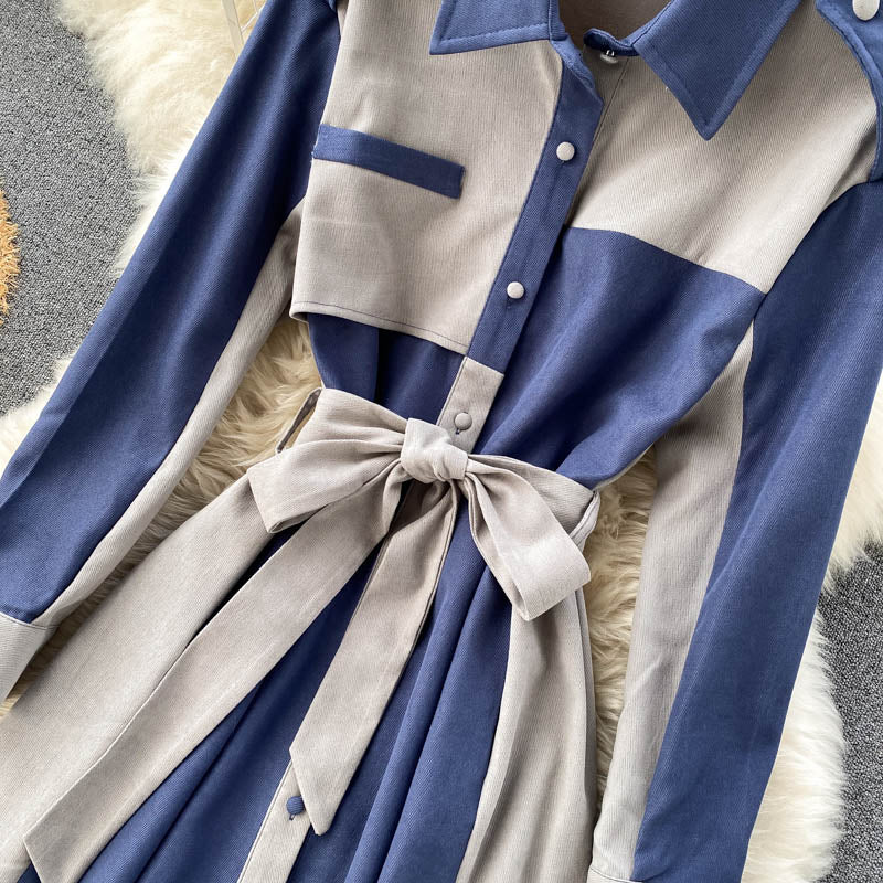 Lapel Patchwork Lace-up Coat Dress