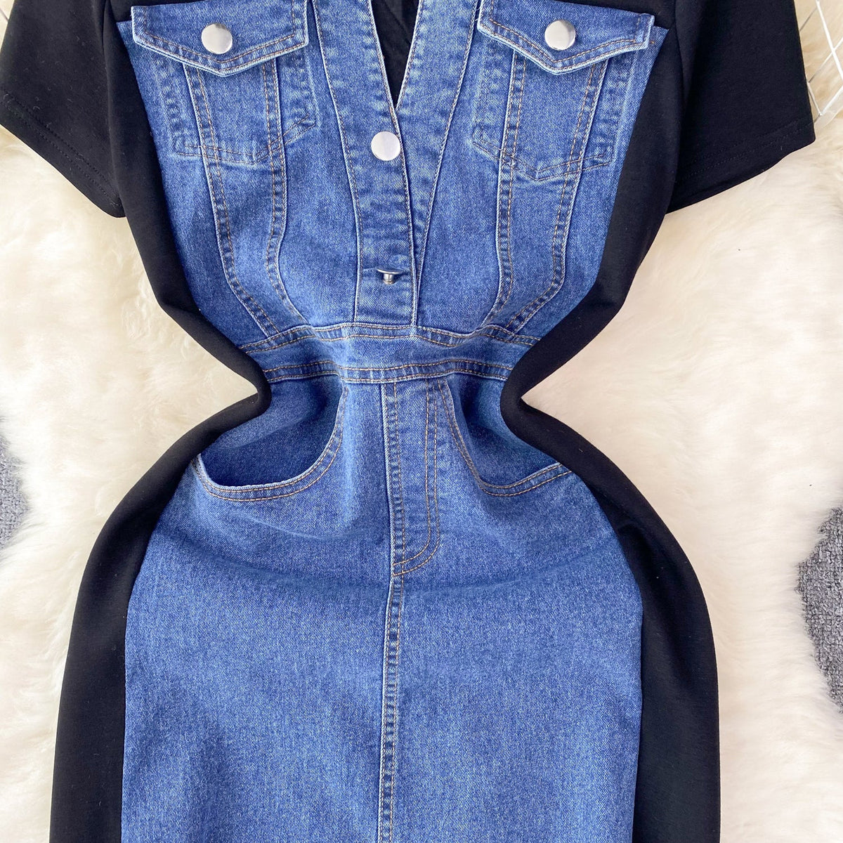 Round Collar Denim Patchwork Midi Dress