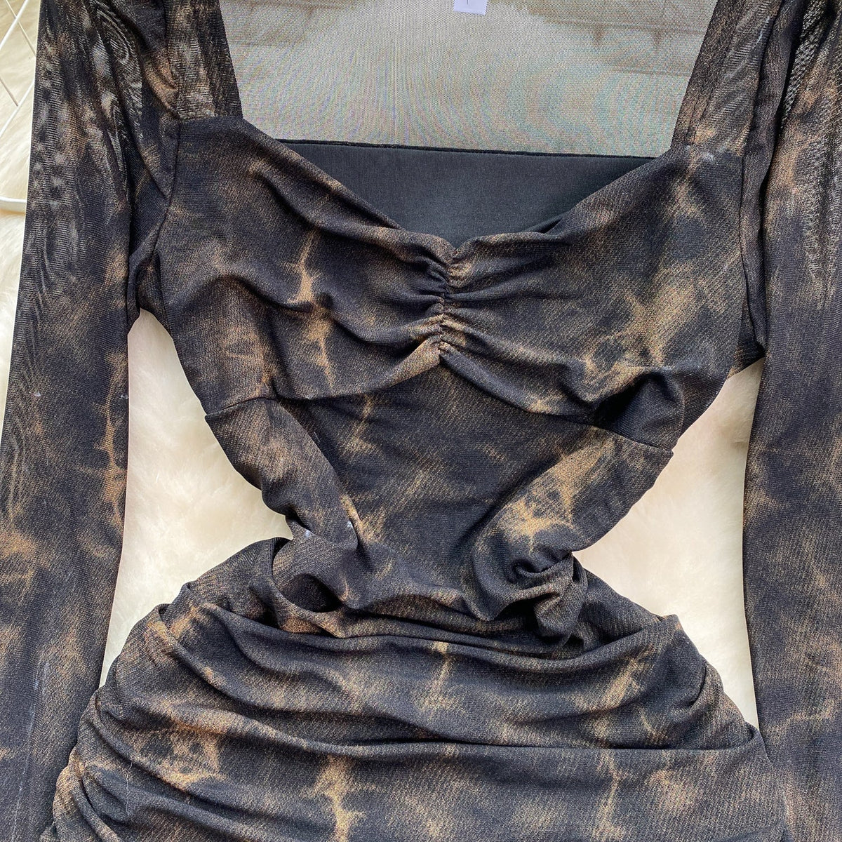 Square Neckline Printed Pleated Dress