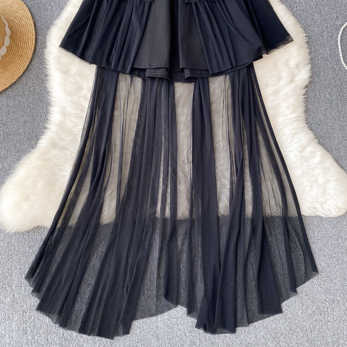 Vintage Off-shoulder Puffy Mesh Black Dress