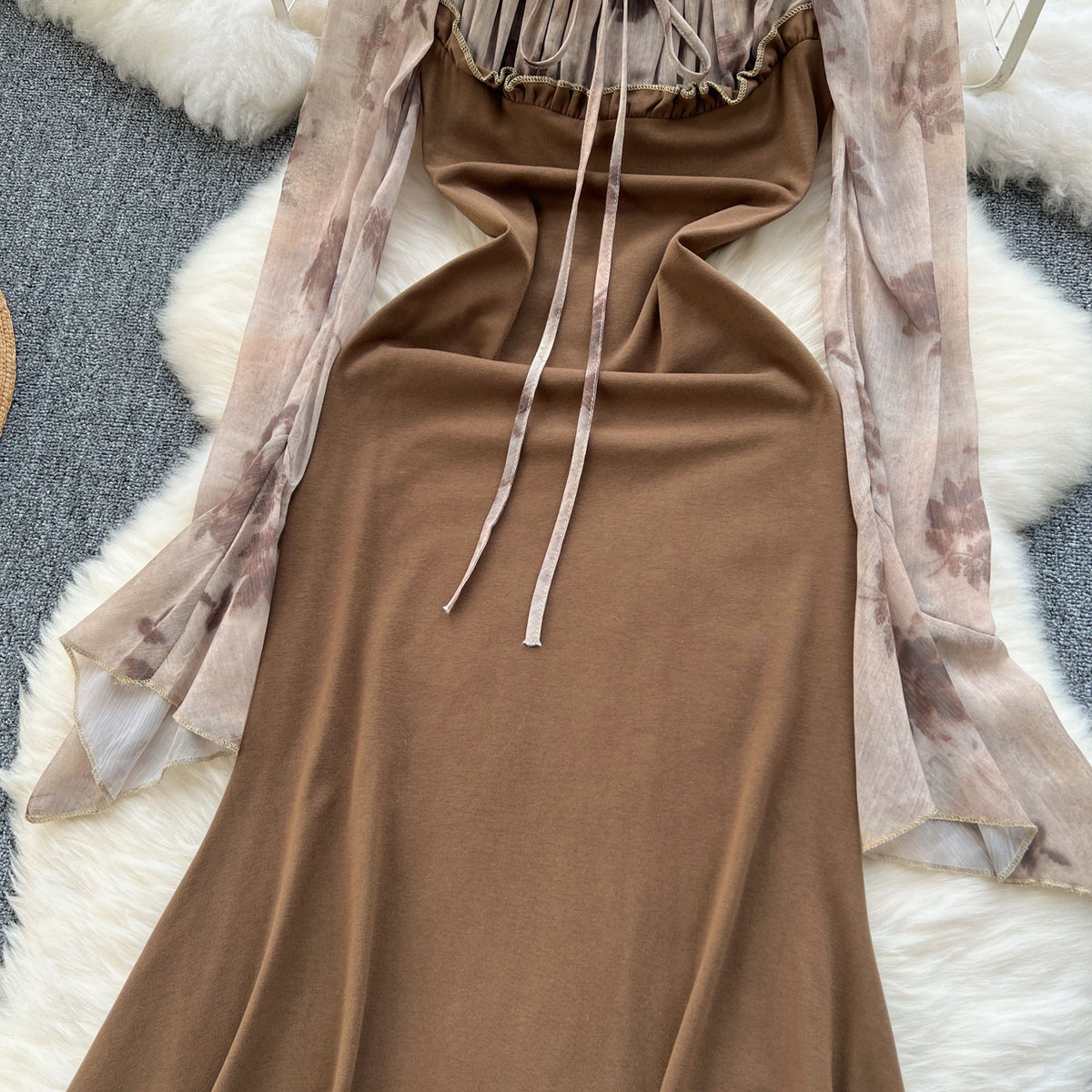Mesh Patchwork Fishtail Brown Dress