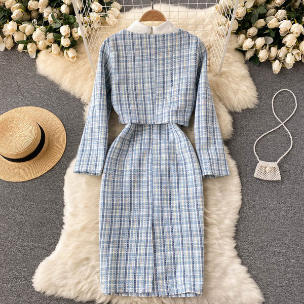 Plaid Beaded Cardigan&Tweed Dress 2PCs