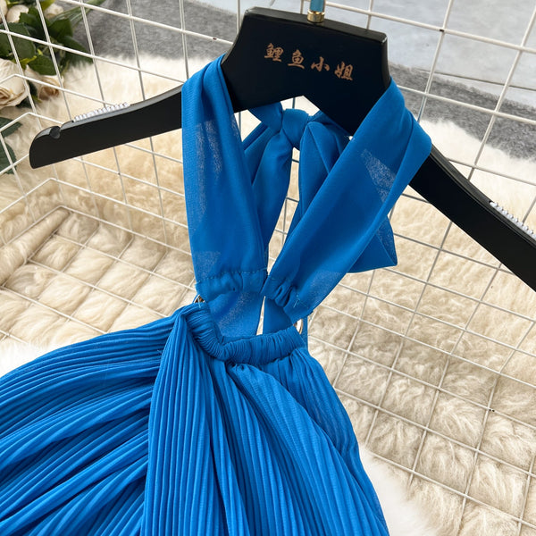 Asymmetric Pleated Blue Halter Dress