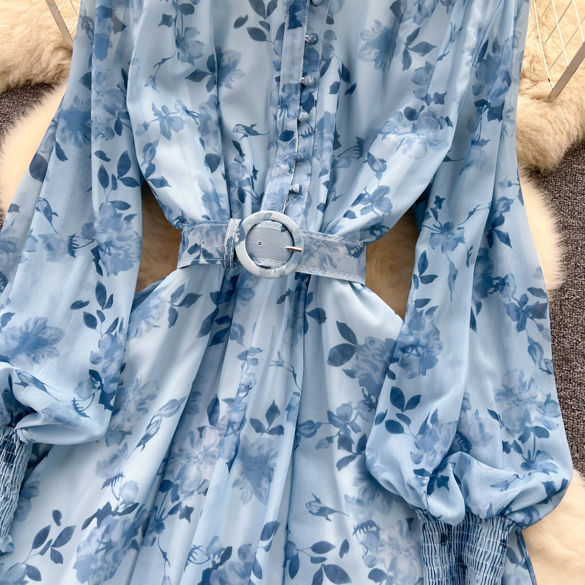 Stand Collar Floral Chiffon Dress