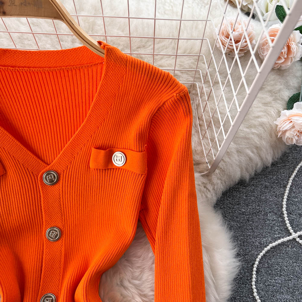 Single Breasted V-neck Knitted Dress