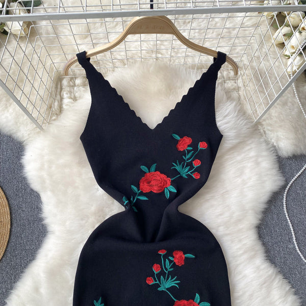 Rose Embroidered Knitted Slit Dress