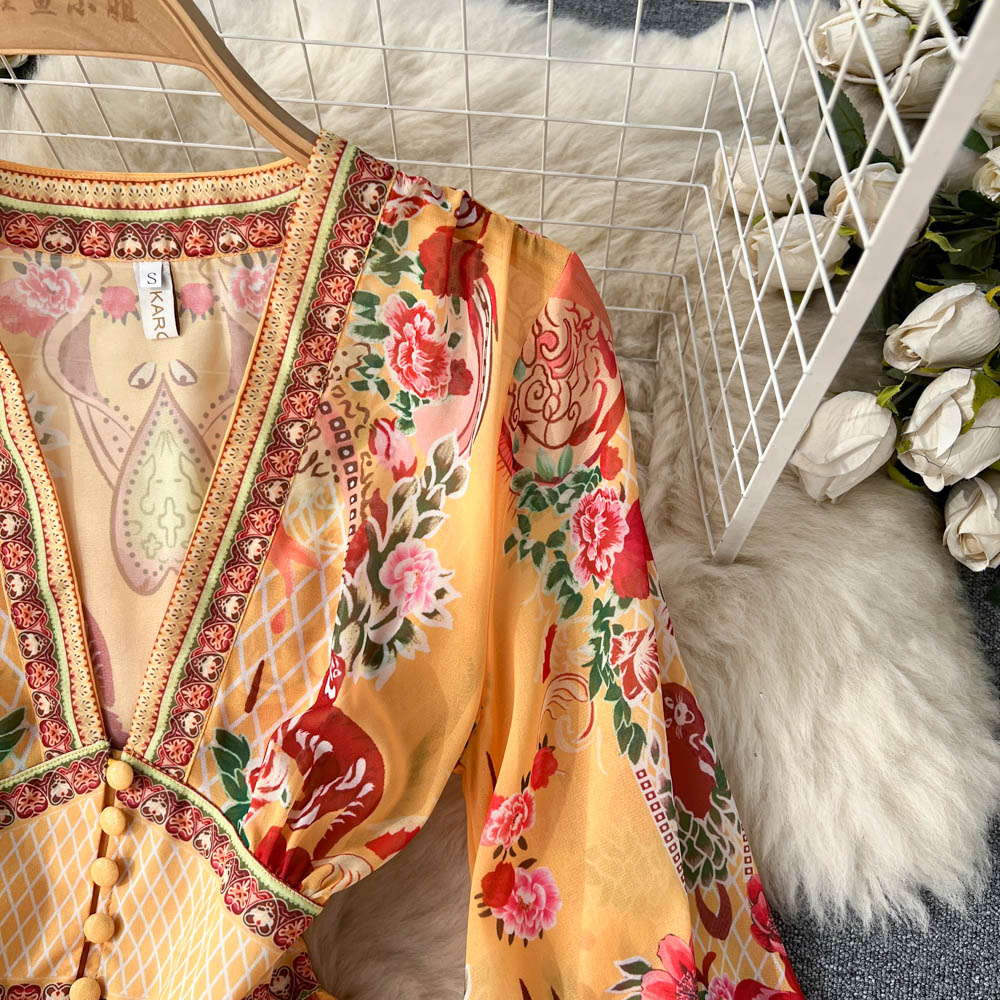 Deep V-neck Floral Printed Maxi Dress