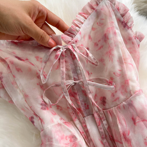 Backless Pink Floral Halter Dress