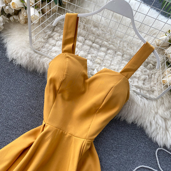 V-yaka Halter Retro Düz Renk Bel Elbisesi