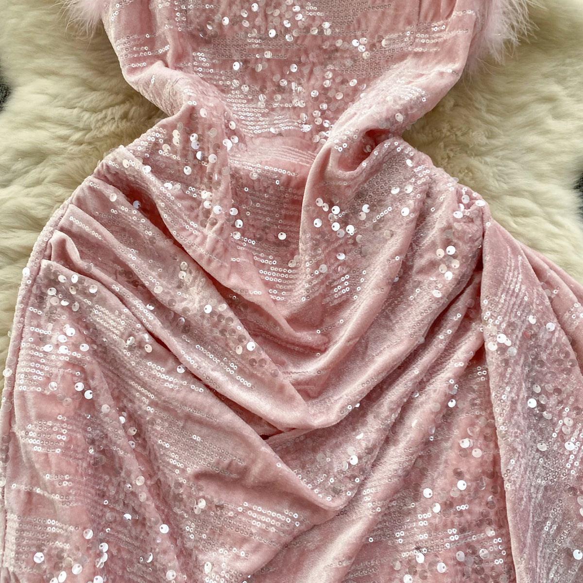 Furry Neckline Sequined Slip Dress