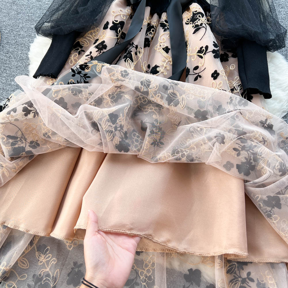 Floral Mesh Patchwork Black Dress