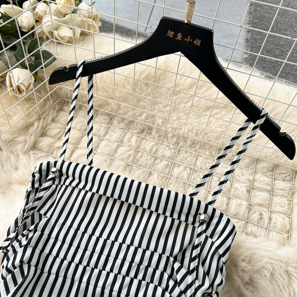 High-end Striped Pleated Slip Dress