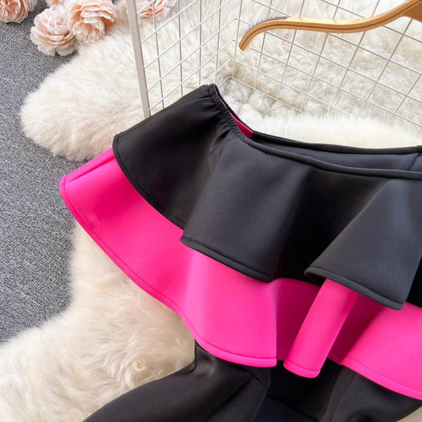 Diagonal Collar Color-blocking Fishtail Dress