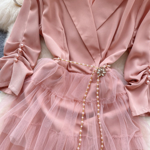 Suit Collar Mesh Patchwork Dress
