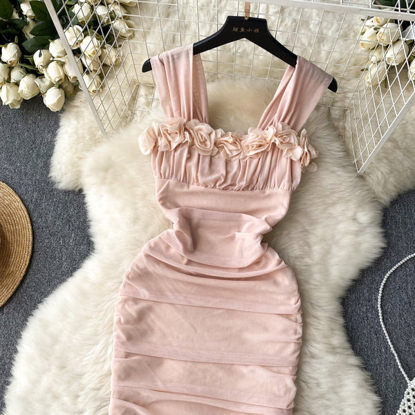 3d Floral Pleated Mesh Slip Dress