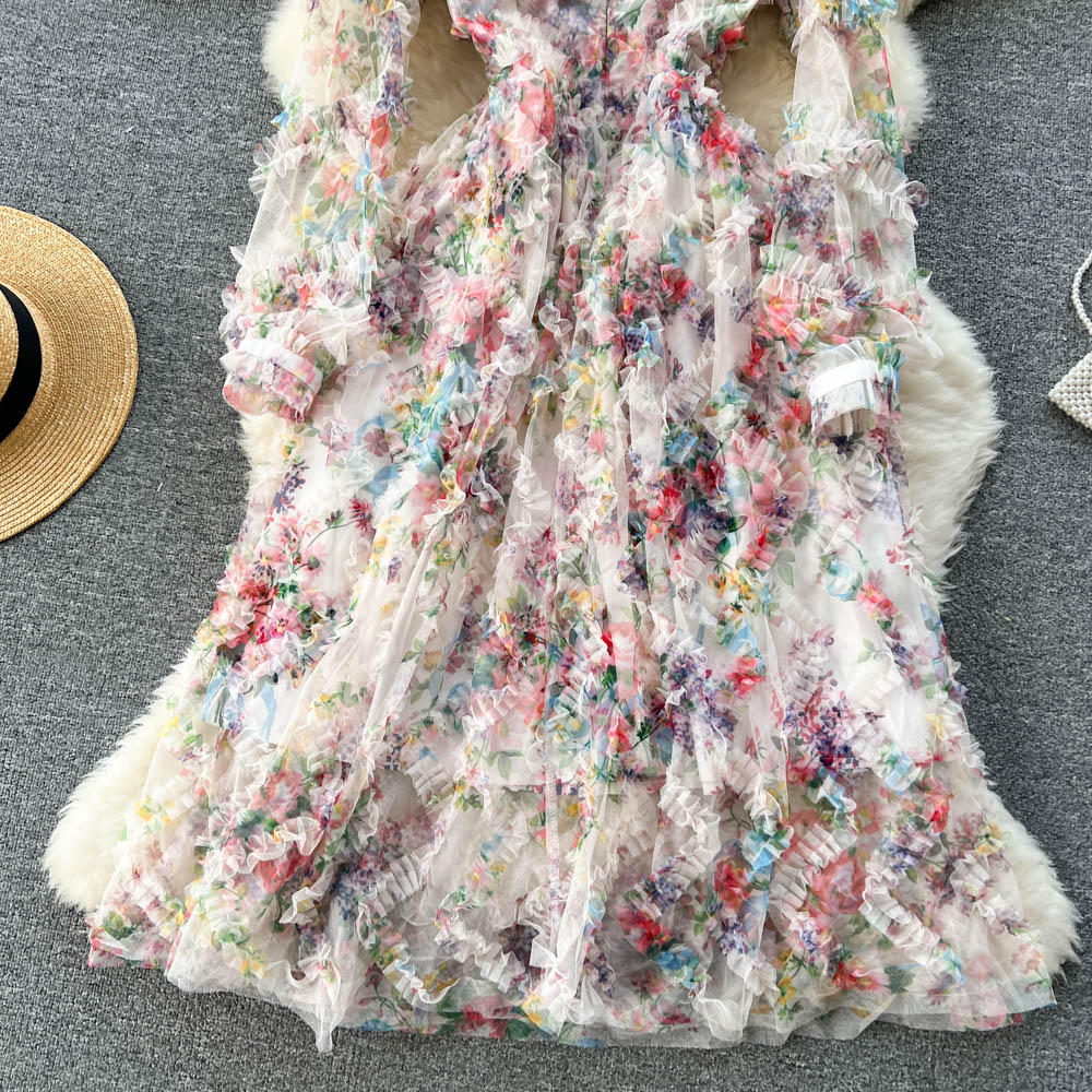 Floral Printed Hollowed Mesh Dress