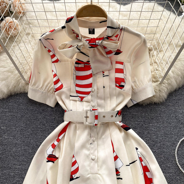 Niche Printed Shirt Dress with Belt