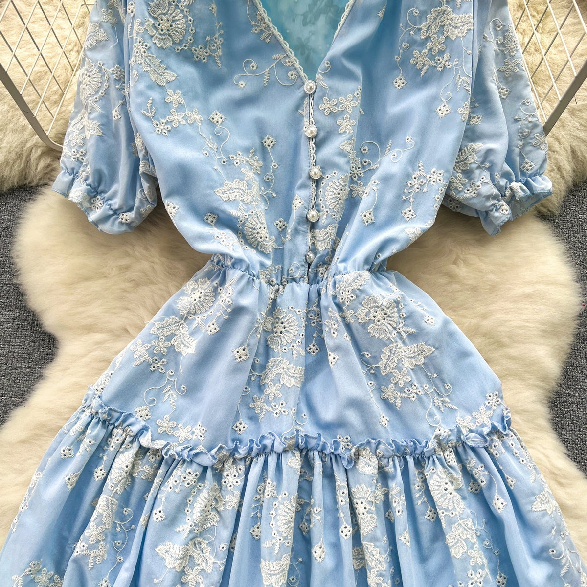 V-neck Floral Embroidered Blue Dress