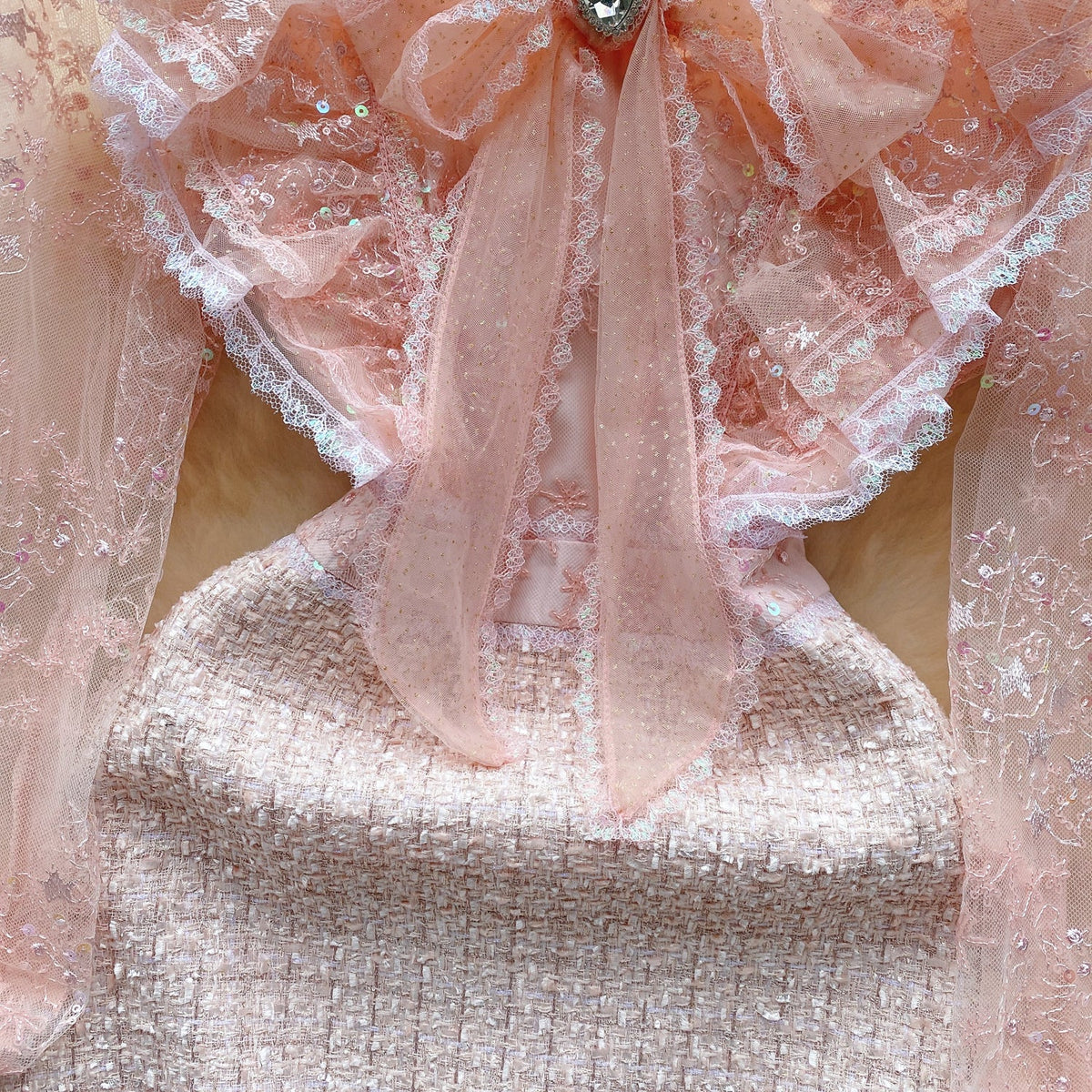 Pink Mesh Patchwork Tweed Dress