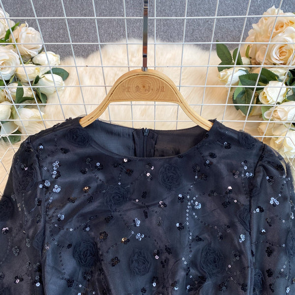 Delicate Sequined Lace-up Black Dress