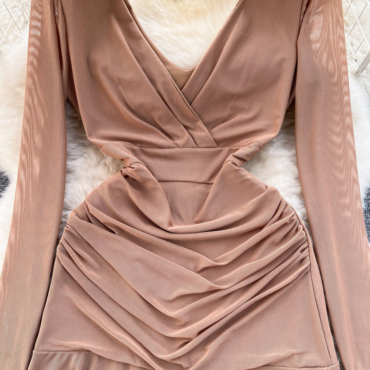 V-neck Pleated Mesh Short Dress
