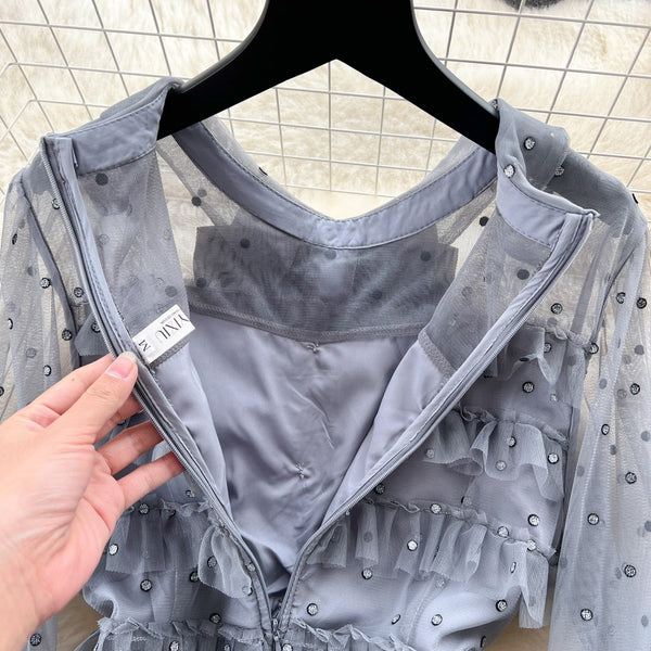 Bow-tie Beaded Layered Mesh Dress