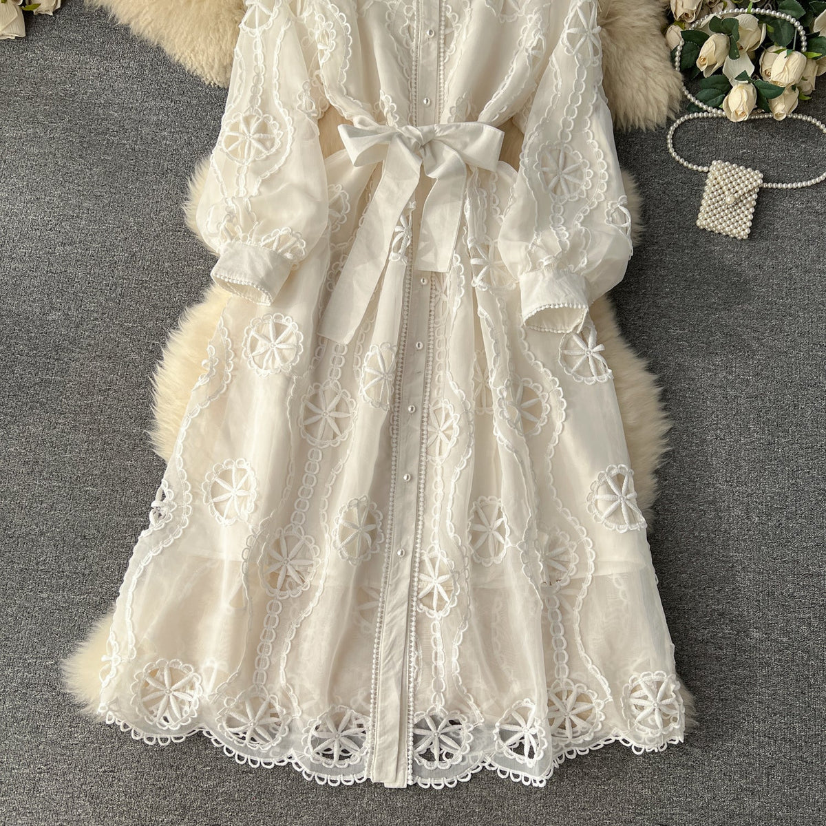 Courtly Hollowed Embroidery Shirt Dress