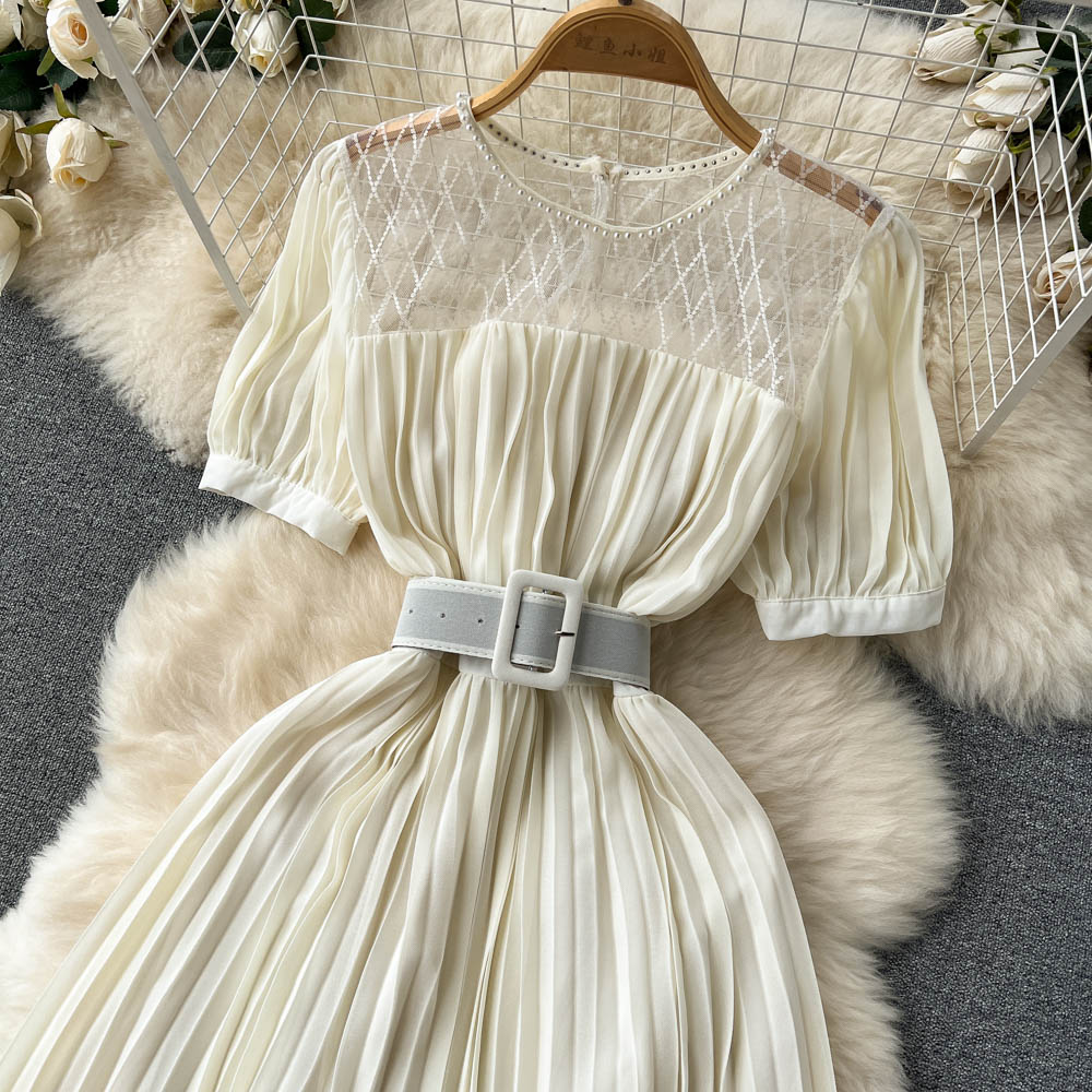 High Waist Tied Chiffon Pleated Dress