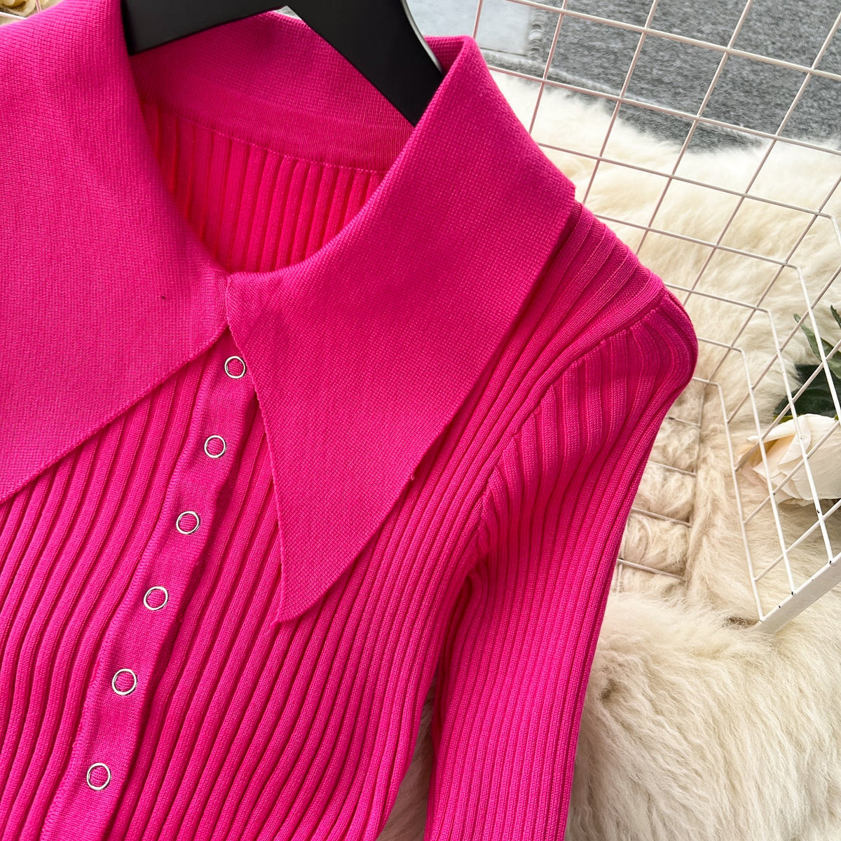 Lapel Furry Cuff Knitted Dress
