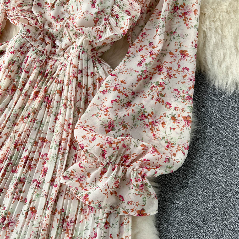French Style Floral Pleated Dress