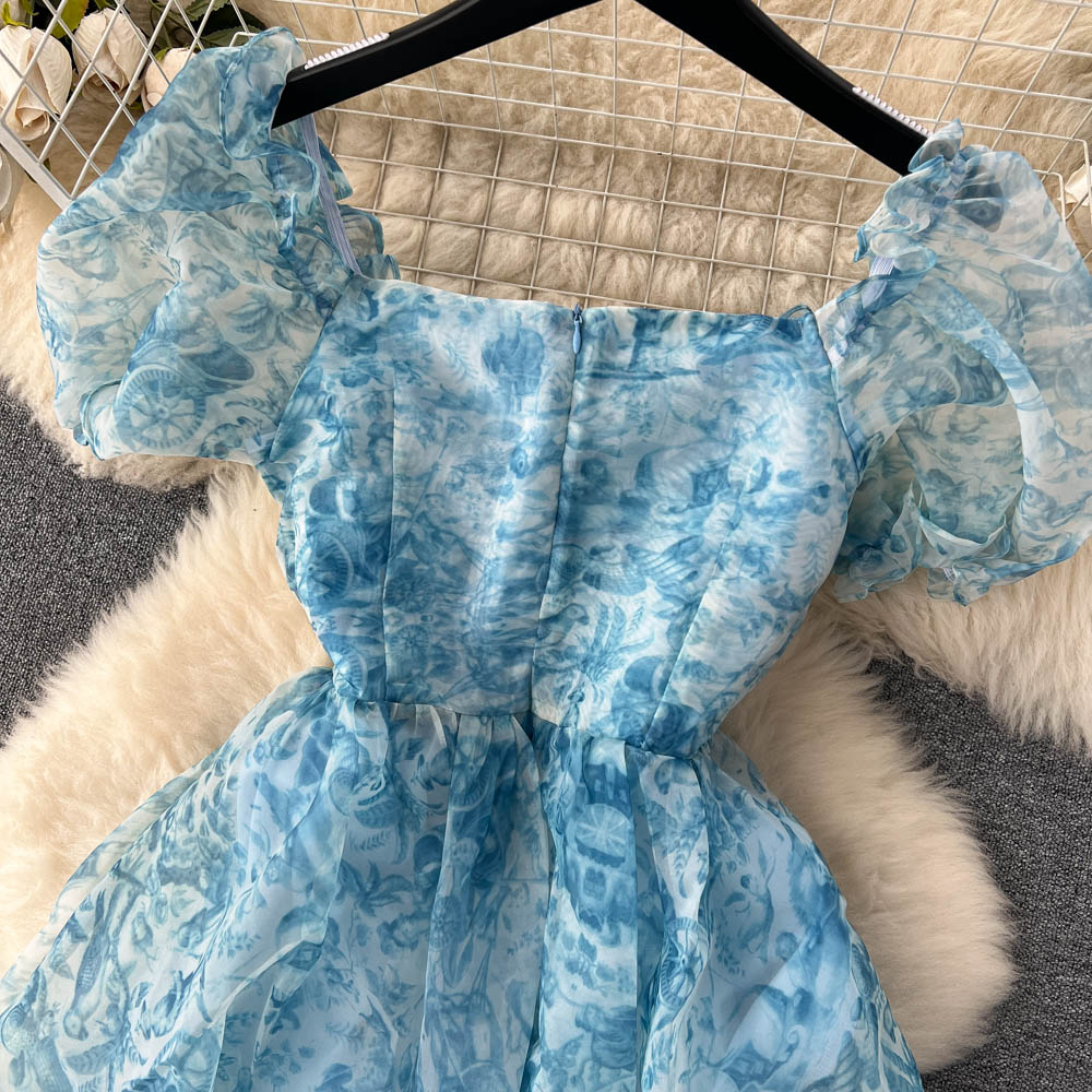 Bubble-sleeve Floral Organza Puffy Dress